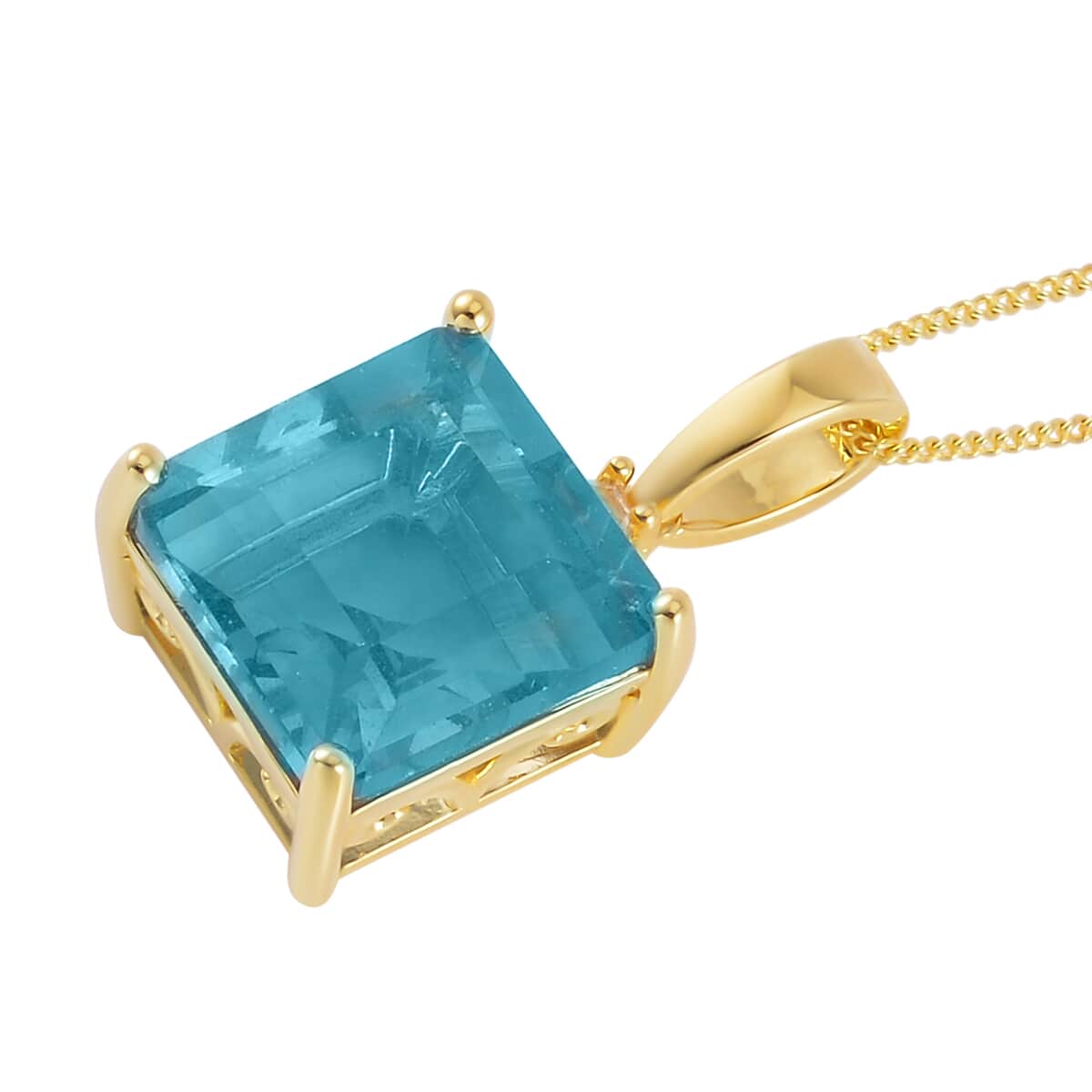 Asscher Cut Teal Fluorite (IR) and White Topaz 10.10 ctw Pendant Necklace in Vermeil Yellow Gold Over Sterling Silver 18 Inches image number 3