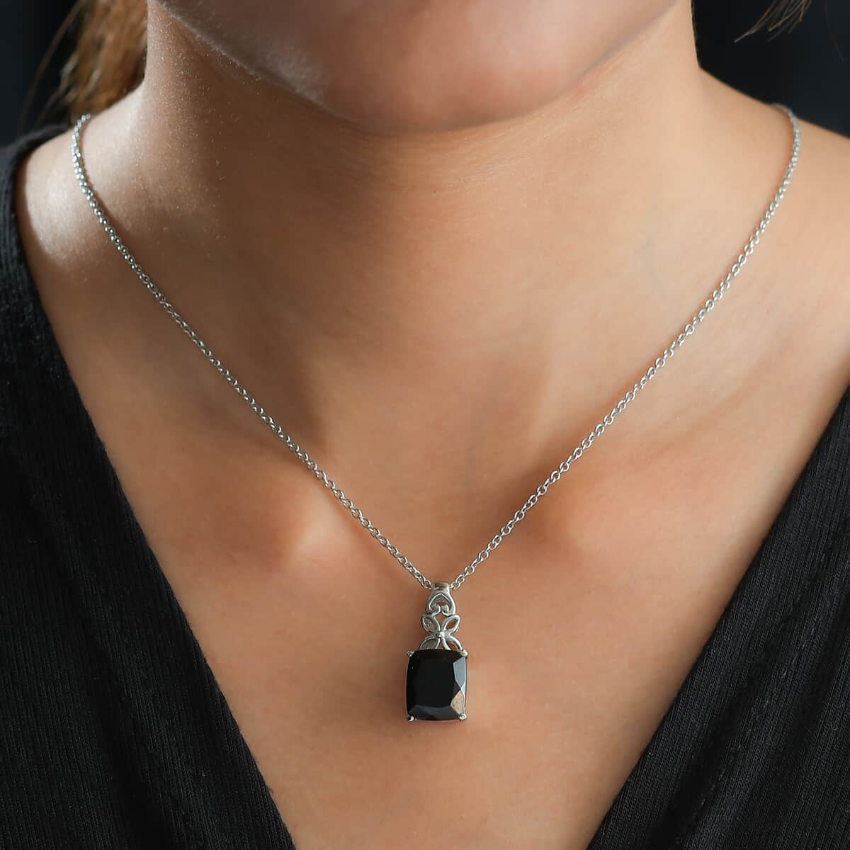 Black Tourmaline Solitaire Pendant Necklace (20 Inches) in Stainless Steel 5.85 ctw , Tarnish-Free, Waterproof, Sweat Proof Jewelry image number 2