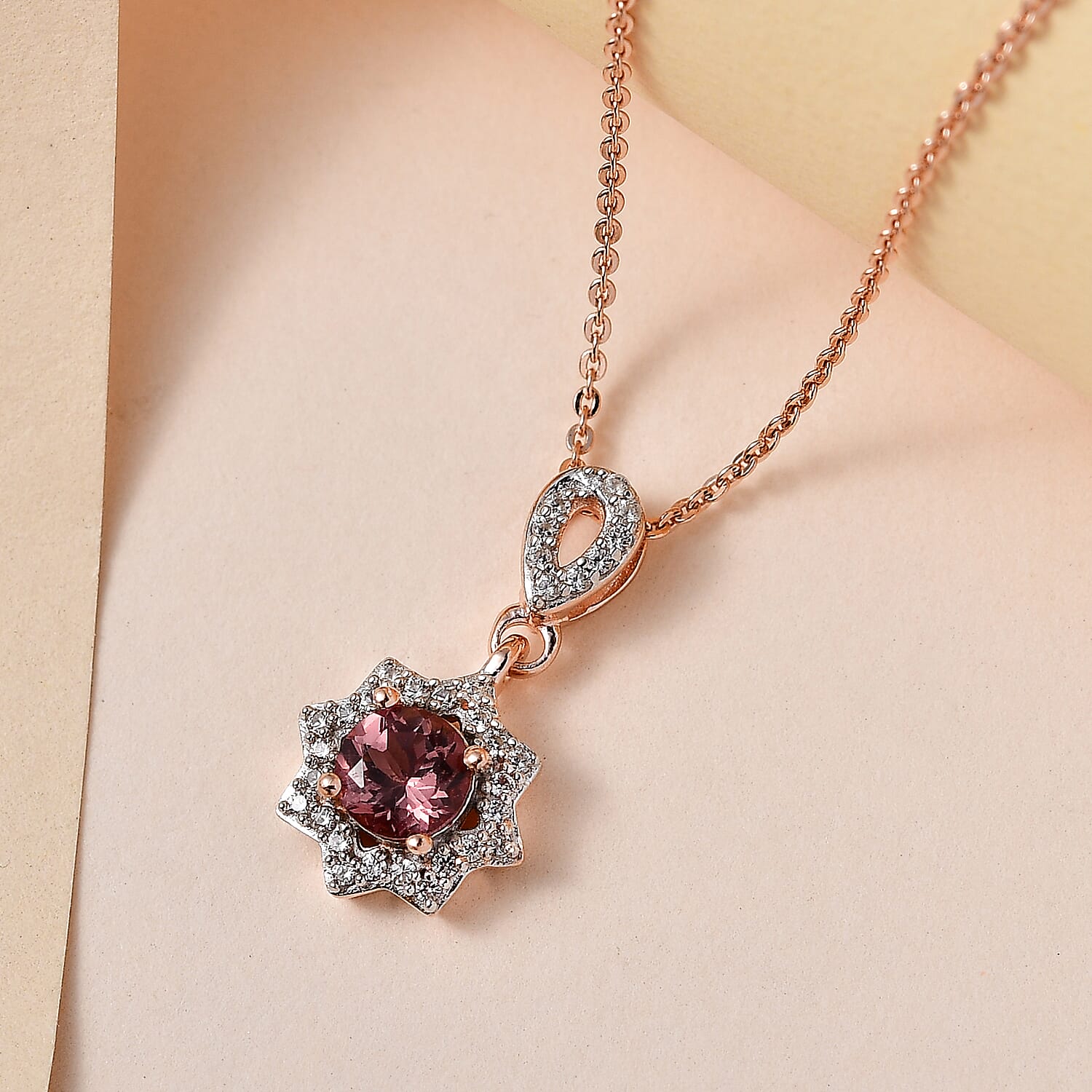 Red Rose Apatite and White Zircon Floral Pendant Necklace 20 Inches in Vermeil Rose Gold Over Sterling Silver 1.00 ctw