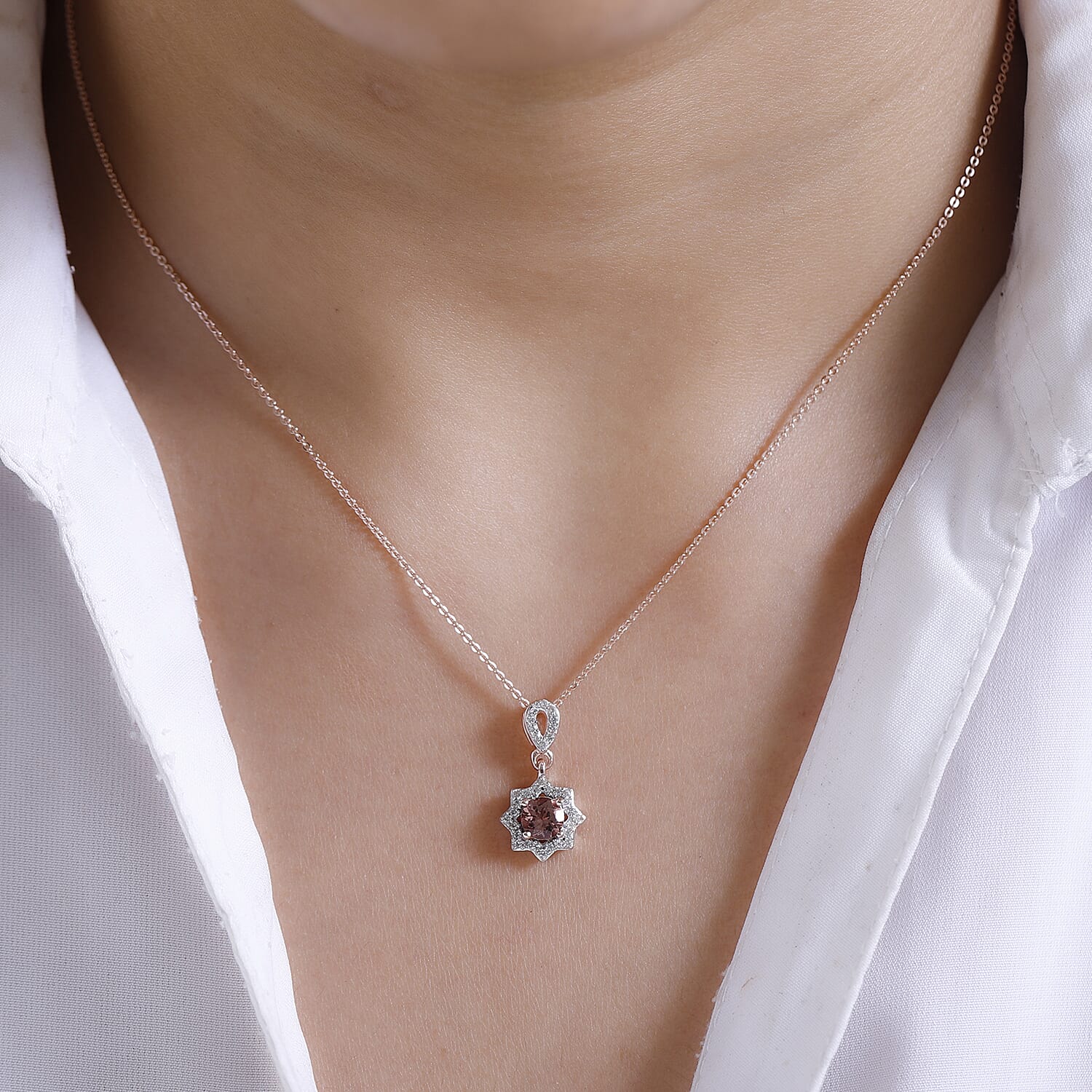 Red Rose Apatite and White Zircon Floral Pendant Necklace 20 Inches in Vermeil Rose Gold Over Sterling Silver 1.00 ctw