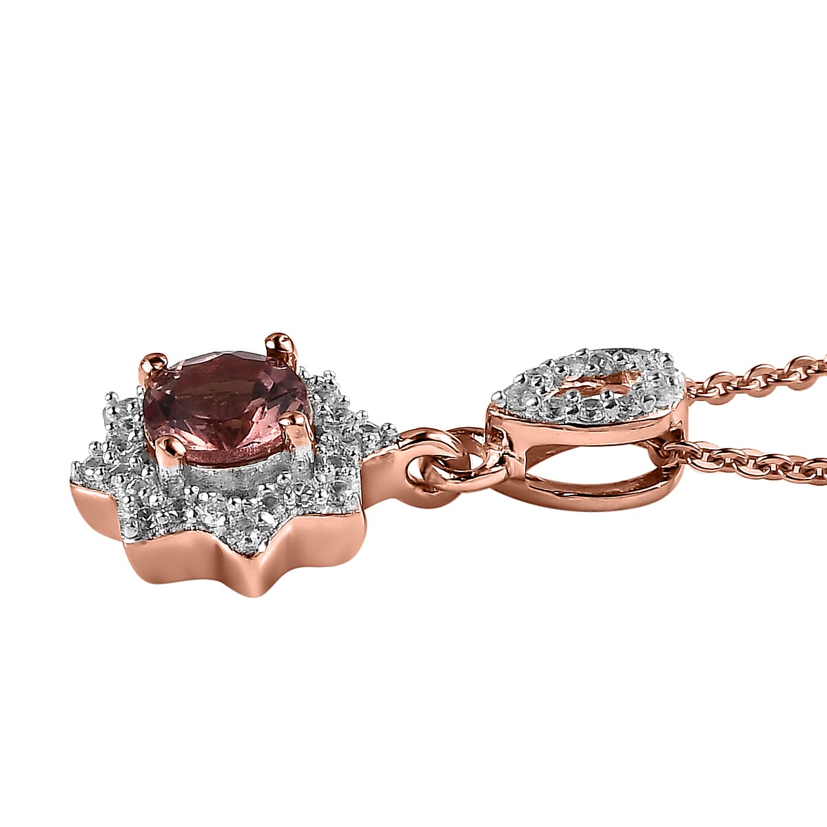 Red Rose Apatite and White Zircon Floral Pendant Necklace 20 Inches in Vermeil Rose Gold Over Sterling Silver 1.00 ctw