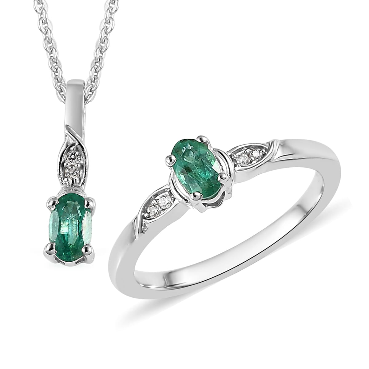 AAA Kagem Zambian Emerald, White Zircon Ring (Size 5.0) and Pendant Necklace 20 Inches in Platinum Over Sterling Silver 0.50 ctw image number 0