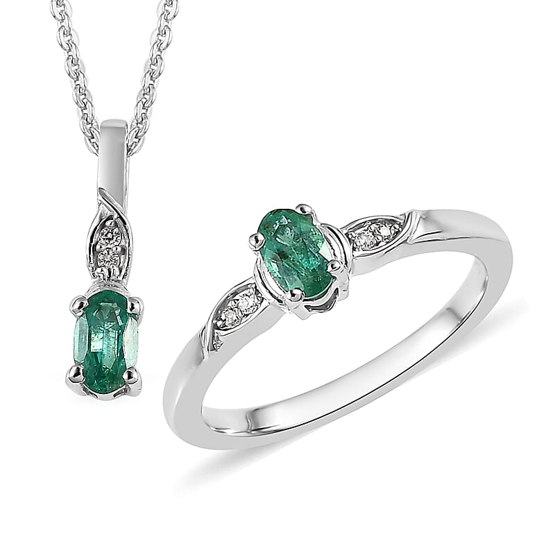 AAA Kagem Zambian Emerald, White Zircon Ring (Size 5.0) and Pendant Necklace 20 Inches in Platinum Over Sterling Silver 0.50 ctw