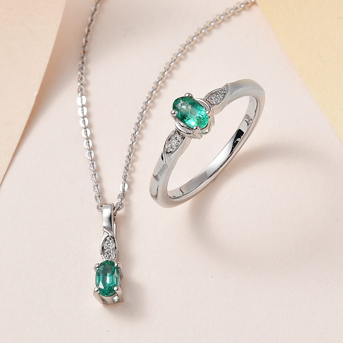 AAA Kagem Zambian Emerald, White Zircon Ring (Size 5.0) and Pendant Necklace 20 Inches in Platinum Over Sterling Silver 0.50 ctw image number 1
