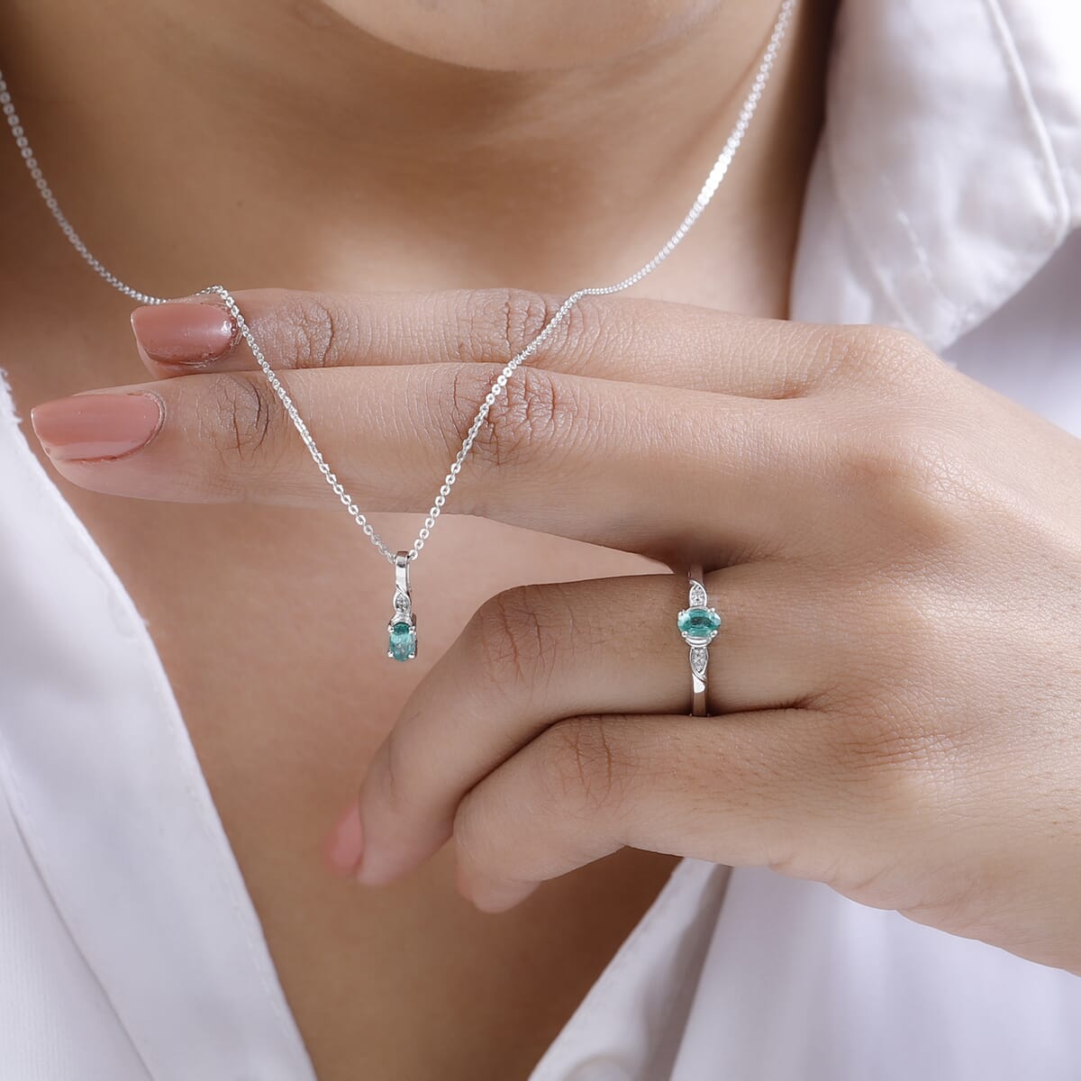 AAA Kagem Zambian Emerald, White Zircon Ring (Size 5.0) and Pendant Necklace 20 Inches in Platinum Over Sterling Silver 0.50 ctw image number 2