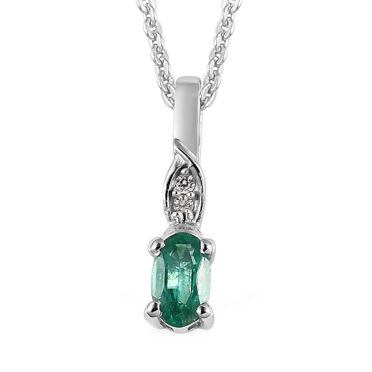 AAA Kagem Zambian Emerald, White Zircon Ring (Size 5.0) and Pendant Necklace 20 Inches in Platinum Over Sterling Silver 0.50 ctw image number 5