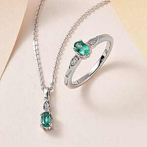 AAA Kagem Zambian Emerald, White Zircon Ring (Size 7.0) and Pendant Necklace 20 Inches in Platinum Over Sterling Silver 0.50 ctw