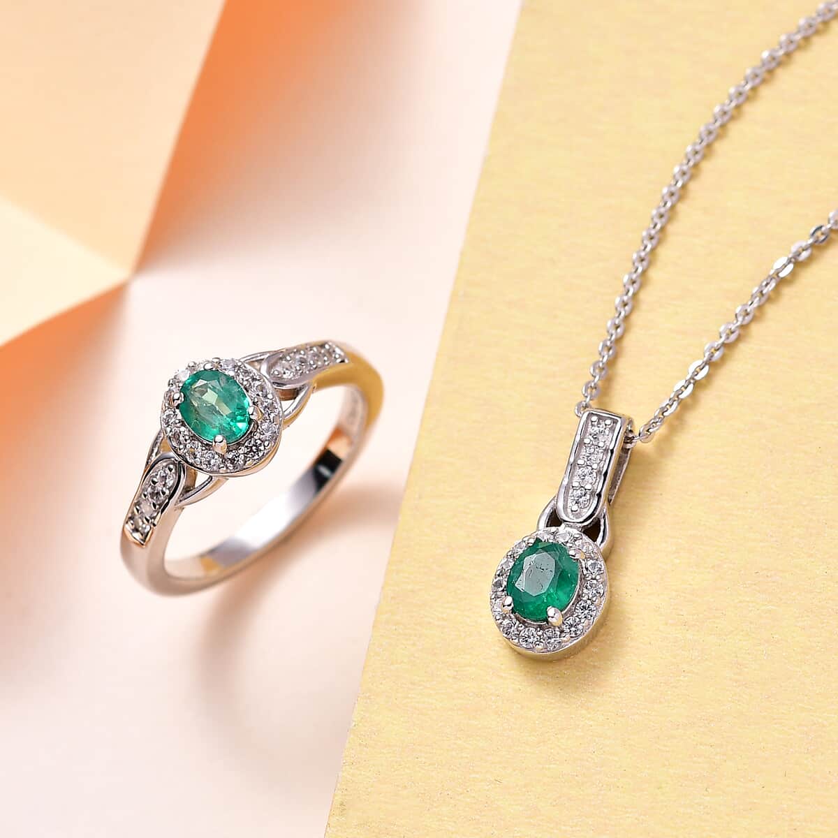AAA Kagem Zambian Emerald, Zircon Halo Ring and Pendant Necklace 20 Inches in Platinum Over Sterling Silver 1.30 ctw image number 1