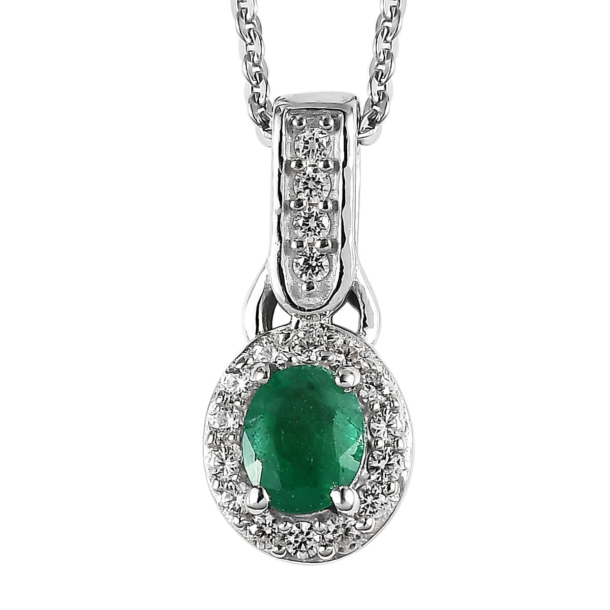 AAA Kagem Zambian Emerald, Zircon Halo Ring and Pendant Necklace 20 Inches in Platinum Over Sterling Silver 1.30 ctw