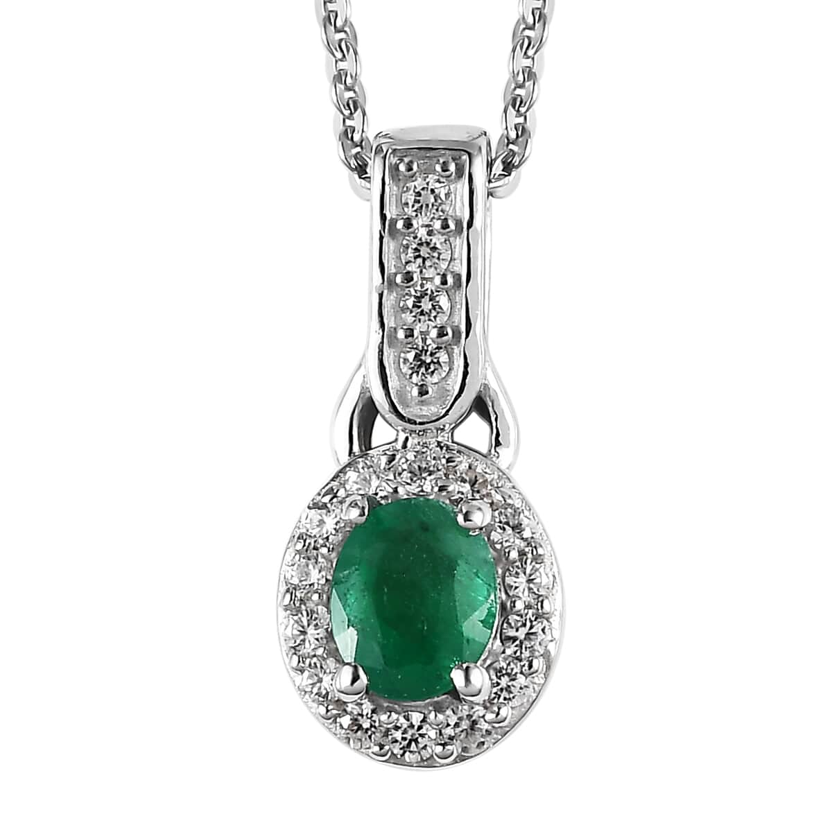 AAA Kagem Zambian Emerald, Zircon Halo Ring and Pendant Necklace 20 Inches in Platinum Over Sterling Silver 1.30 ctw image number 6