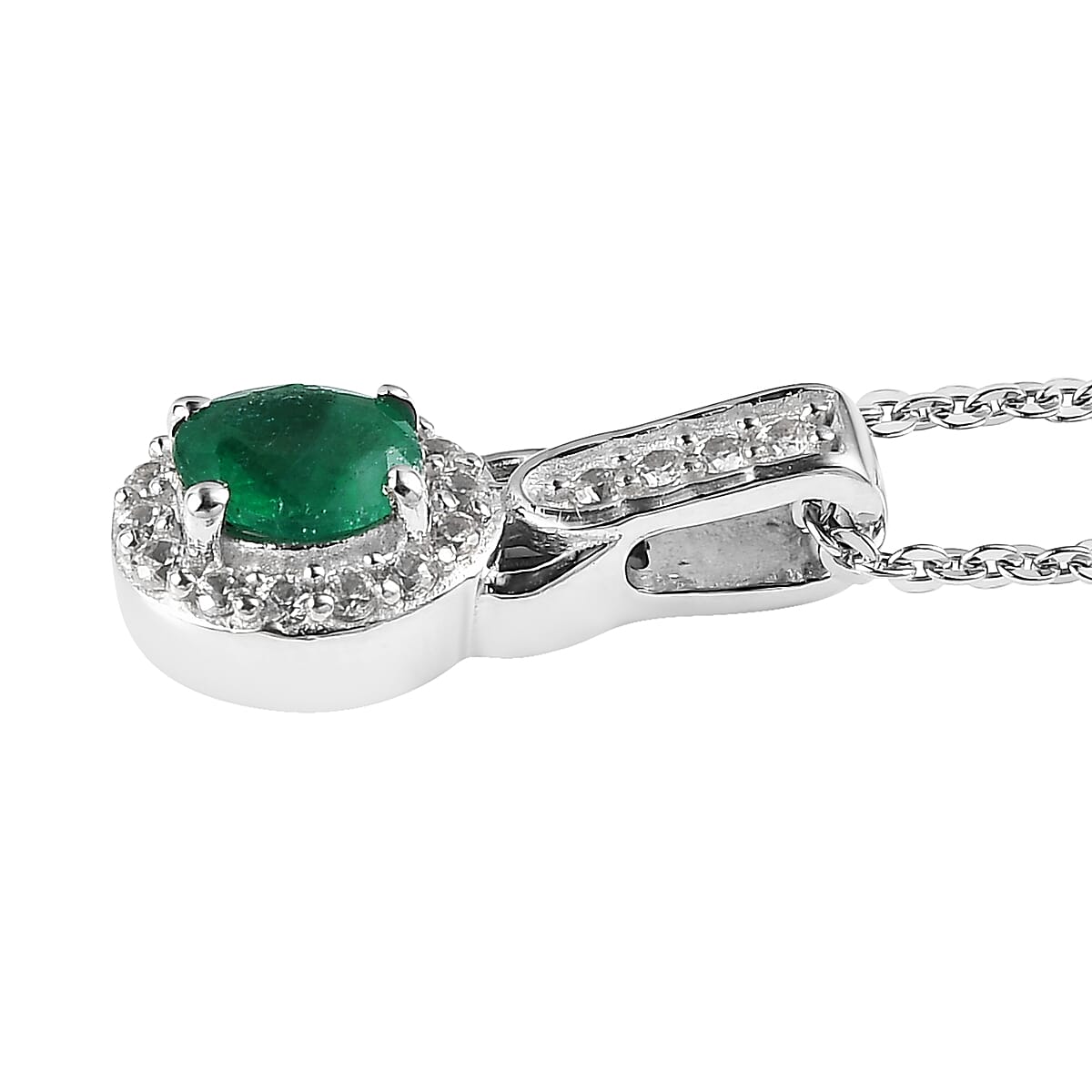 AAA Kagem Zambian Emerald, Zircon Halo Ring and Pendant Necklace 20 Inches in Platinum Over Sterling Silver 1.30 ctw