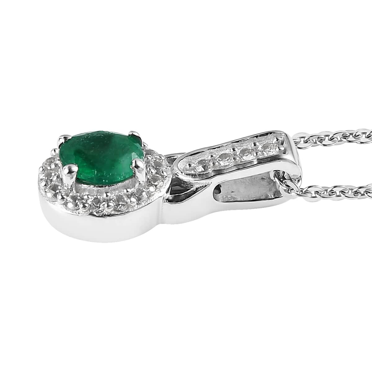 AAA Kagem Zambian Emerald, Zircon Halo Ring and Pendant Necklace 20 Inches in Platinum Over Sterling Silver 1.30 ctw image number 7