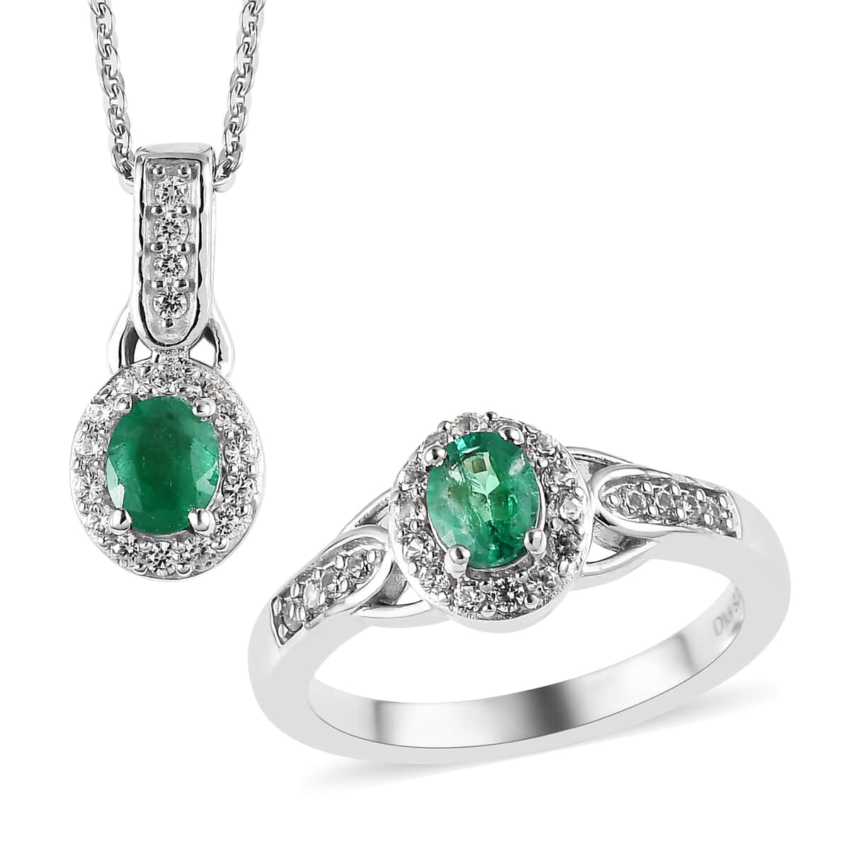 AAA Kagem Zambian Emerald, Zircon HaloRing (Size 7.0) and Pendant Necklace 20 Inches in Platinum Over Sterling Silver 1.30 ctw image number 0