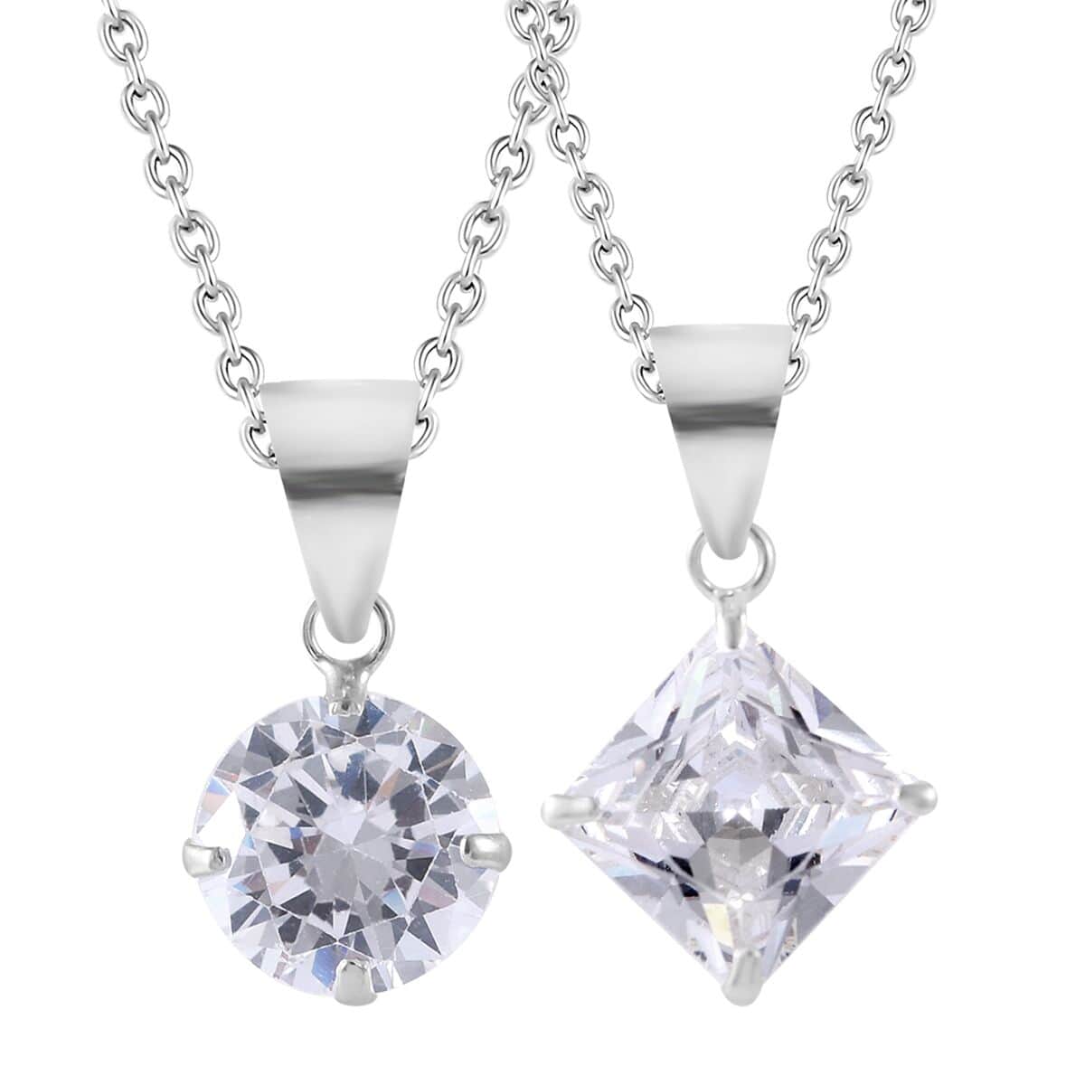 Simulated White Diamond Set of 2 Pendants with Necklace 18 Inches in Sterling Silver & Stainless Steel 6.00 ctw image number 0