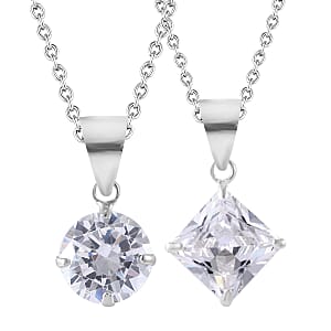 Simulated White Diamond Set of 2 Pendants in Sterling Silver with Stainless Steel with Necklace 18 Inches 7.20 ctw