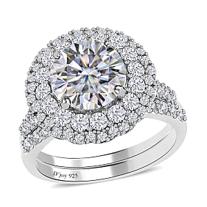 Moissanite 3.85 ctw Rings, Set of 2 Rings, Double Halo Ring & Band Ring, Moissanite Set of Rings, Vermeil Yellow Gold Over Sterling Silver Rings (Size 5.00)