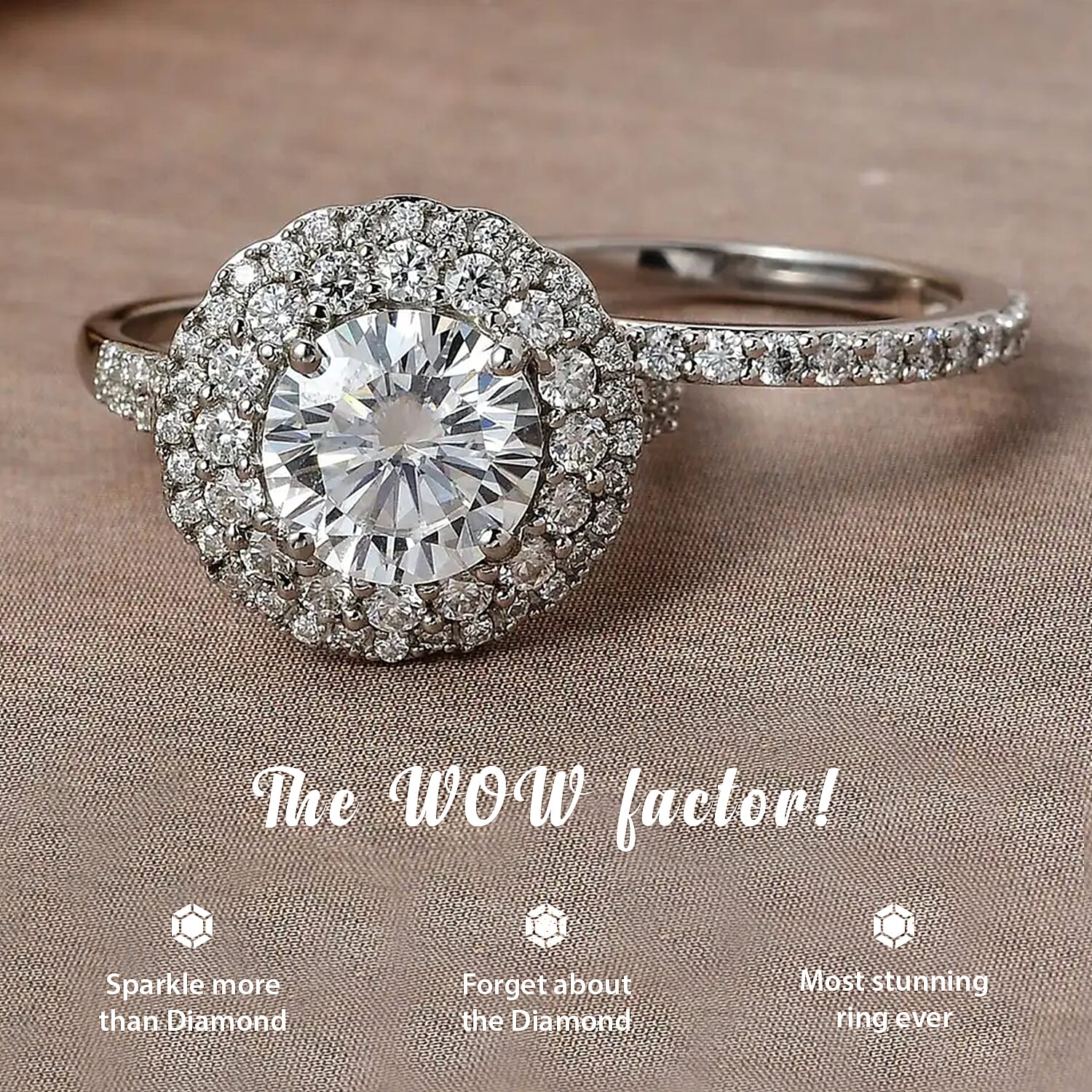 Moissanite 3.85 ctw Rings, Set of 2 Rings, Double Halo Ring & Band Ring, Moissanite Set of Rings, Vermeil Yellow Gold Over Sterling Silver Rings (Size 5.00)
