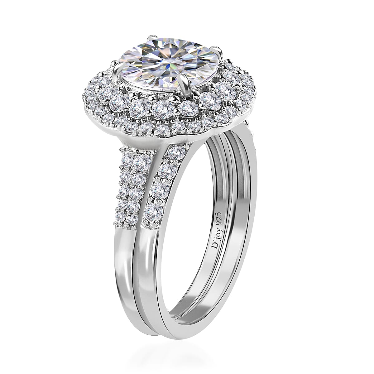 Moissanite 3.85 ctw Rings, Set of 2 Rings, Double Halo Ring & Band Ring, Moissanite Set of Rings, Vermeil Yellow Gold Over Sterling Silver Rings (Size 5.00)