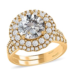 Moissanite 3.85 ctw Rings, Set of 2 Rings, Double Halo Ring & Band Ring, Moissanite Set of Rings, Vermeil Yellow Gold Over Sterling Silver Rings (Size 5.00)