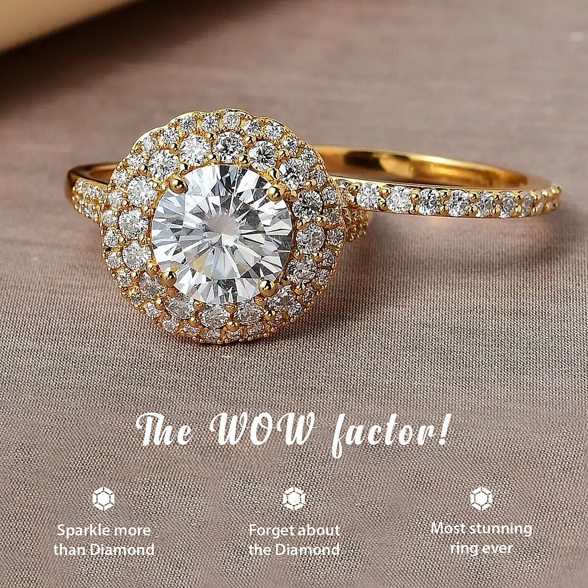 Moissanite 3.85 ctw Rings, Set of 2 Rings, Double Halo Ring & Band Ring, Moissanite Set of Rings, Vermeil Yellow Gold Over Sterling Silver Rings (Size 5.00) image number 1