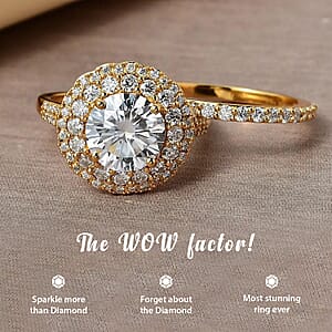 Moissanite 3.85 ctw Rings, Set of 2 Rings, Double Halo Ring & Band Ring, Moissanite Set of Rings, Vermeil Yellow Gold Over Sterling Silver Rings (Size 5.00)