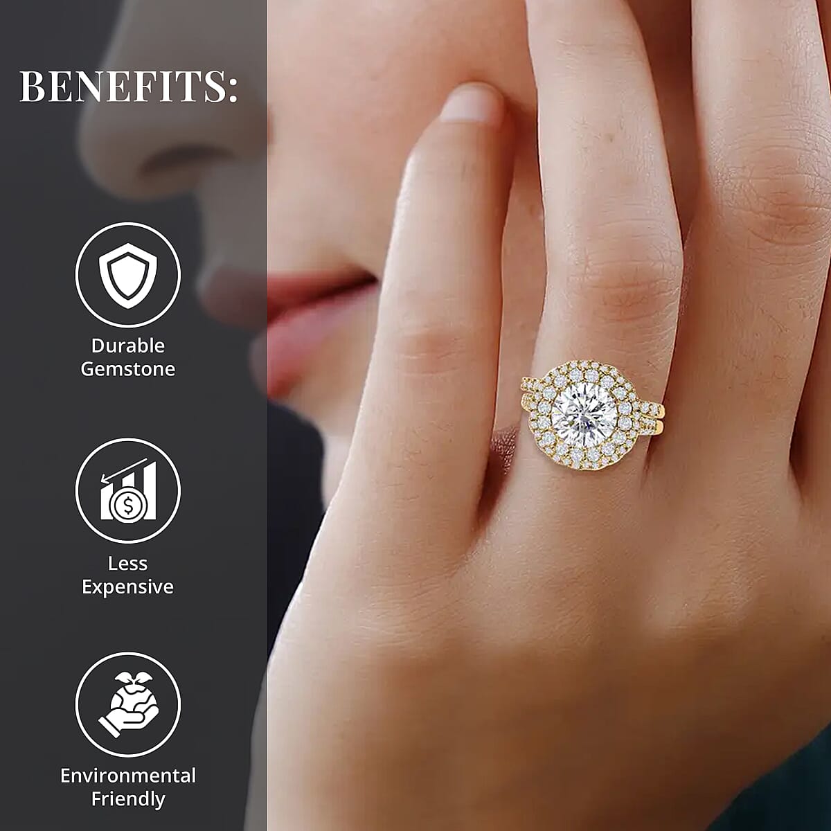 Moissanite 3.85 ctw Rings, Set of 2 Rings, Double Halo Ring & Band Ring, Moissanite Set of Rings, Vermeil Yellow Gold Over Sterling Silver Rings (Size 5.00) image number 3