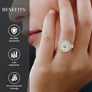 Moissanite 3.85 ctw Rings, Set of 2 Rings, Double Halo Ring & Band Ring, Moissanite Set of Rings, Vermeil Yellow Gold Over Sterling Silver Rings (Size 5.00)