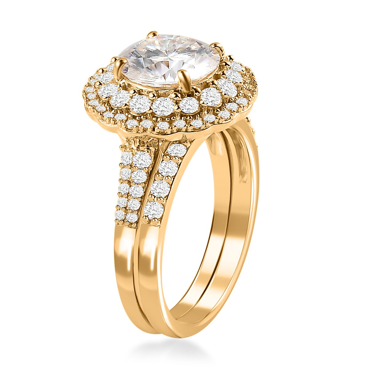 Moissanite 3.85 ctw Rings, Set of 2 Rings, Double Halo Ring & Band Ring, Moissanite Set of Rings, Vermeil Yellow Gold Over Sterling Silver Rings (Size 5.00) image number 5