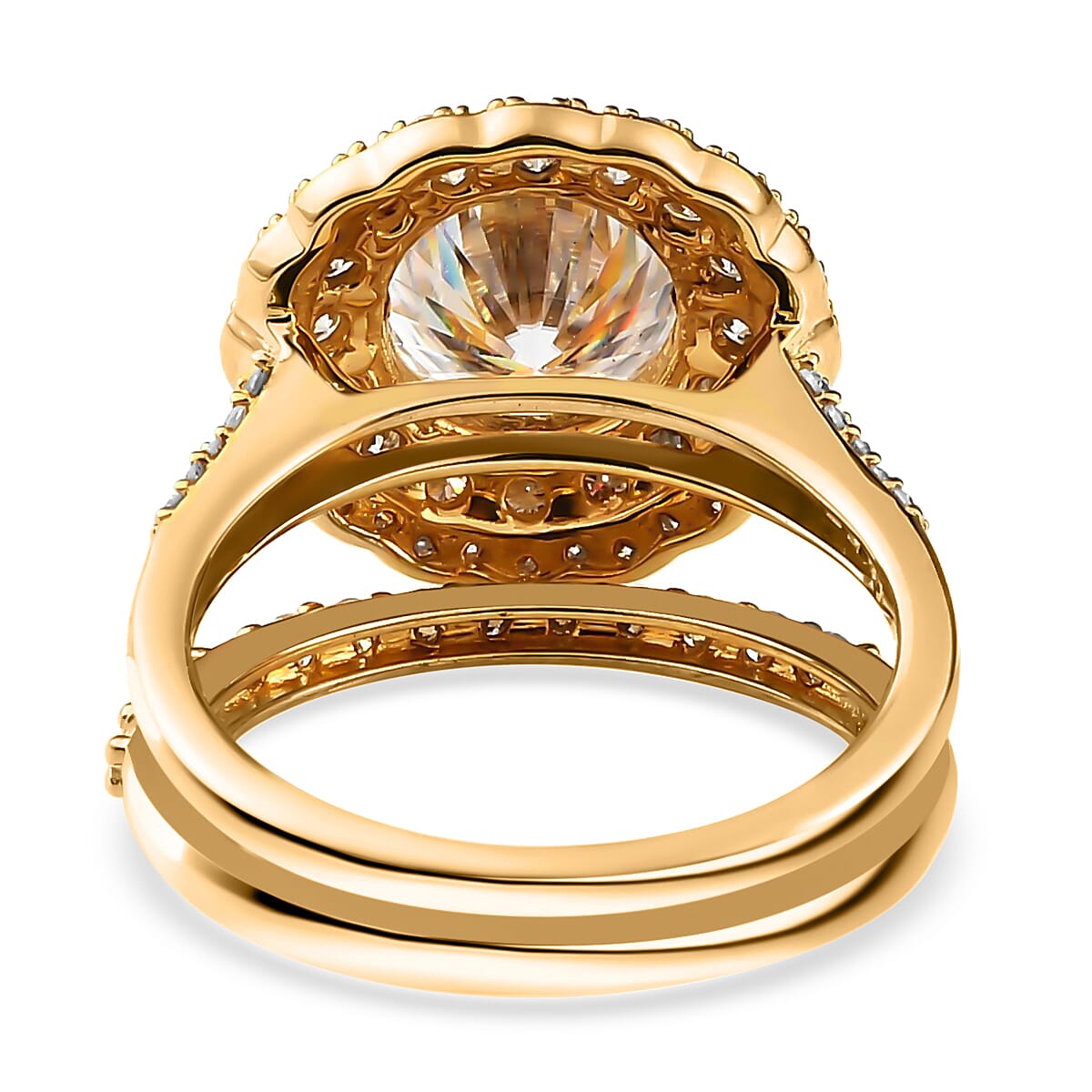 Moissanite 3.85 ctw Rings, Set of 2 Rings, Double Halo Ring & Band Ring, Moissanite Set of Rings, Vermeil Yellow Gold Over Sterling Silver Rings (Size 5.00) image number 6