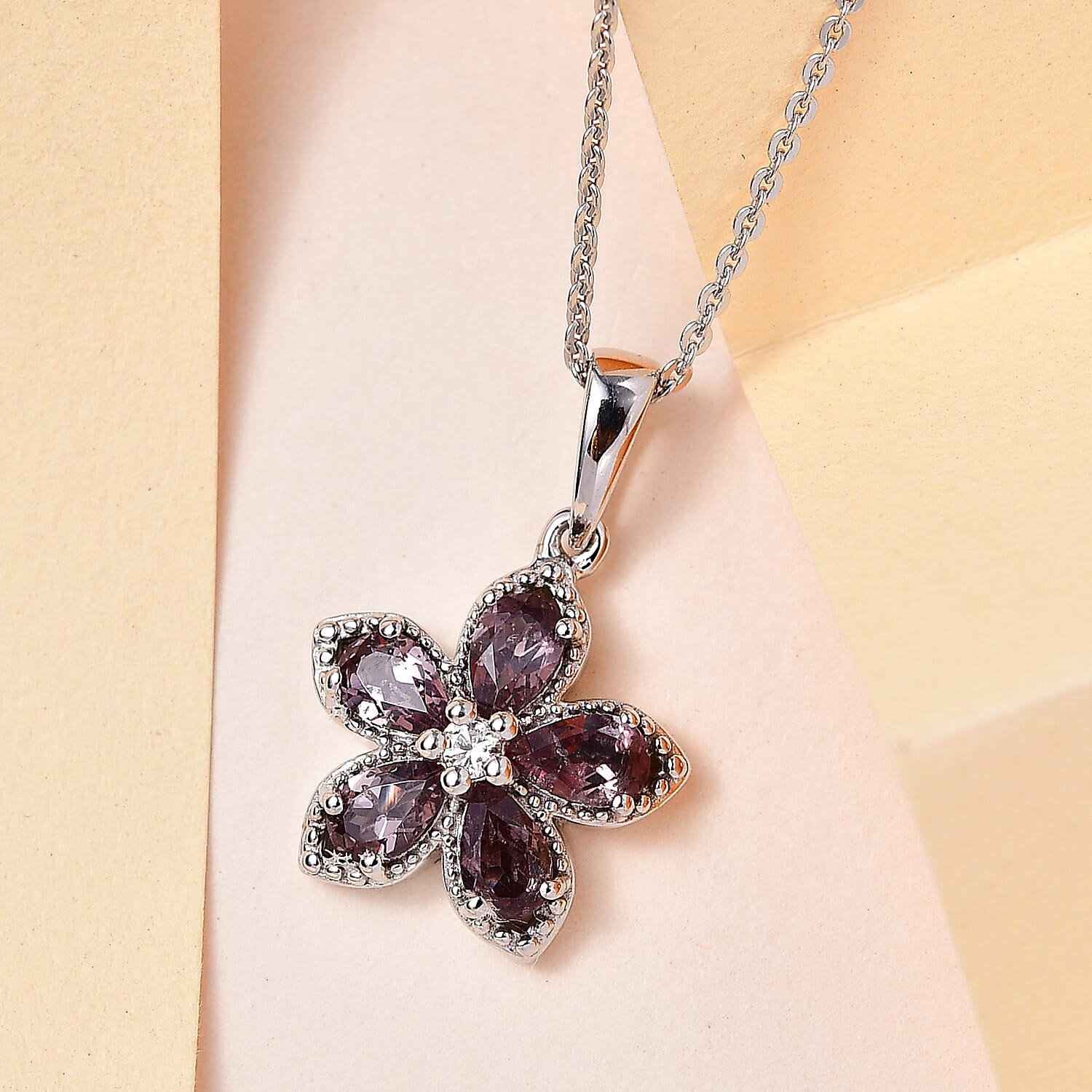 Bekily Color Change Garnet and White Zircon Floral Pendant Necklace 20 Inches in Platinum Over Sterling Silver 1.35 ctw