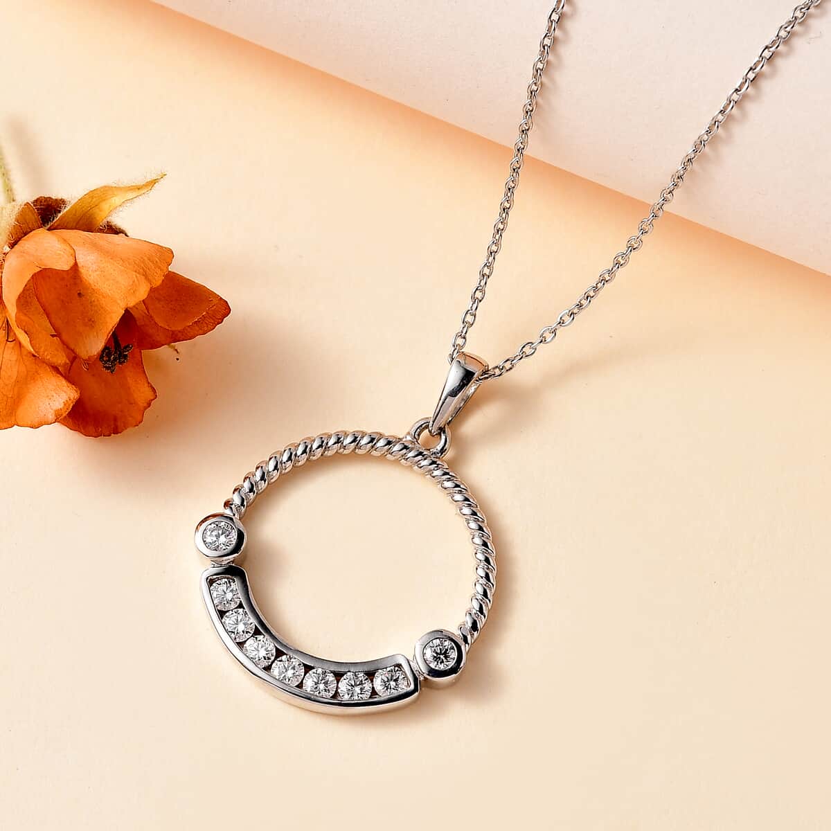 Moissantie Circle Pendant Necklace (20 Inches) in Platinum Over Sterling Silver 0.50 ctw image number 1