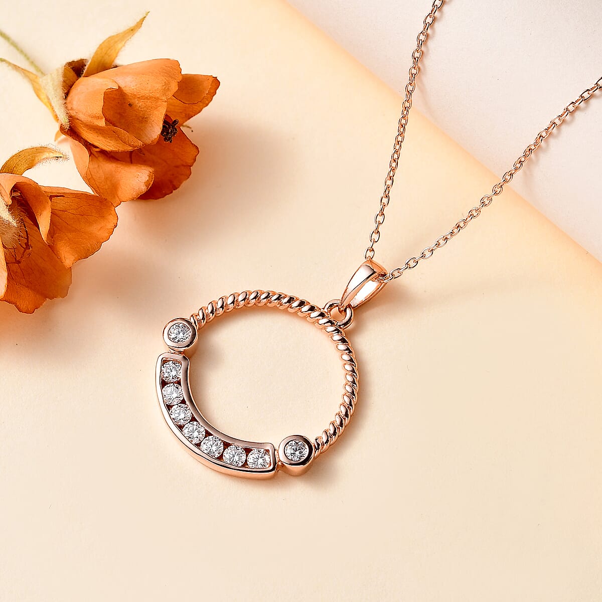 Moissantie Circle Pendant Necklace 20 Inches in Vermeil Rose Gold Over Sterling Silver 0.50 ctw image number 1
