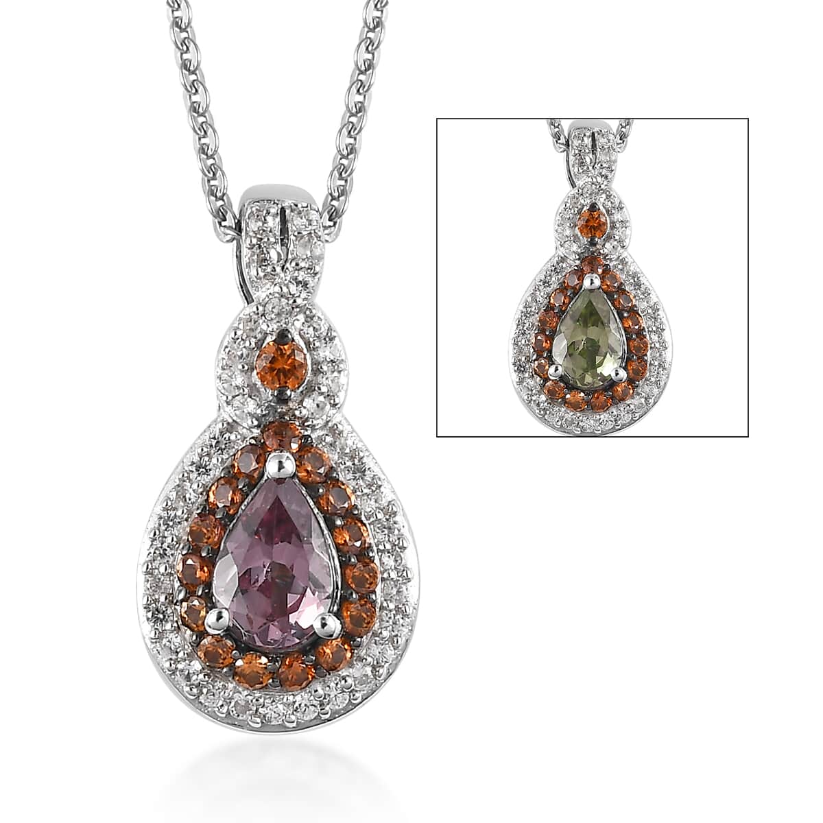 Bekily Color Change Garnet, Brown and White Zircon Pendant Necklace 20 Inches in Platinum Over Sterling Silver 1.10 ctw image number 0