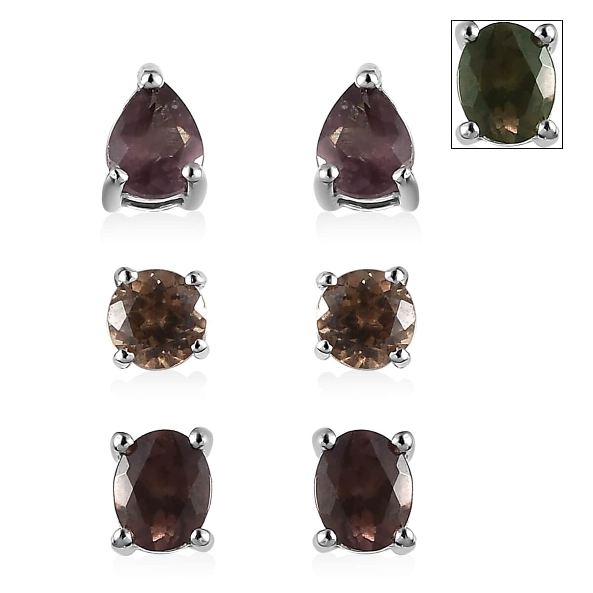 Bekily Color Change Garnet Set of 3 Solitaire Stud Earrings in Platinum Over Sterling Silver 2.20 ctw image number 0