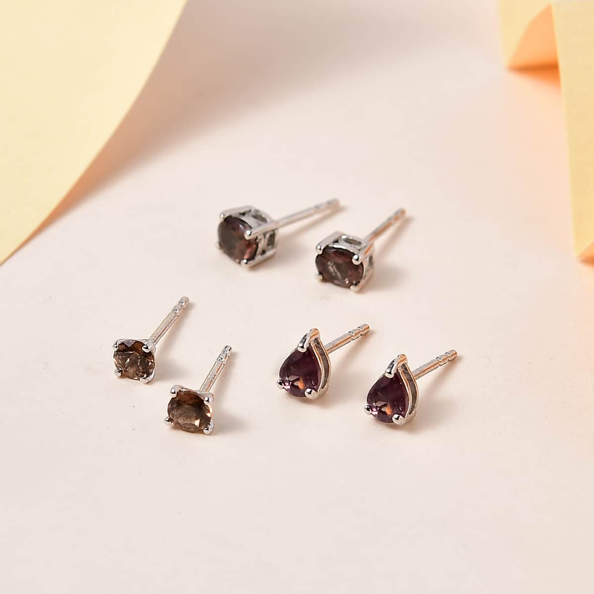 Bekily Color Change Garnet Set of 3 Solitaire Stud Earrings in Platinum Over Sterling Silver 2.20 ctw image number 1