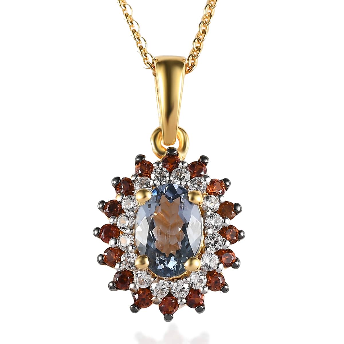 Green Tanzanite, Brown and White Zircon Sunburst Pendant Necklace 20 Inches in Vermeil Yellow Gold Over Sterling Silver 1.30 ctw image number 0
