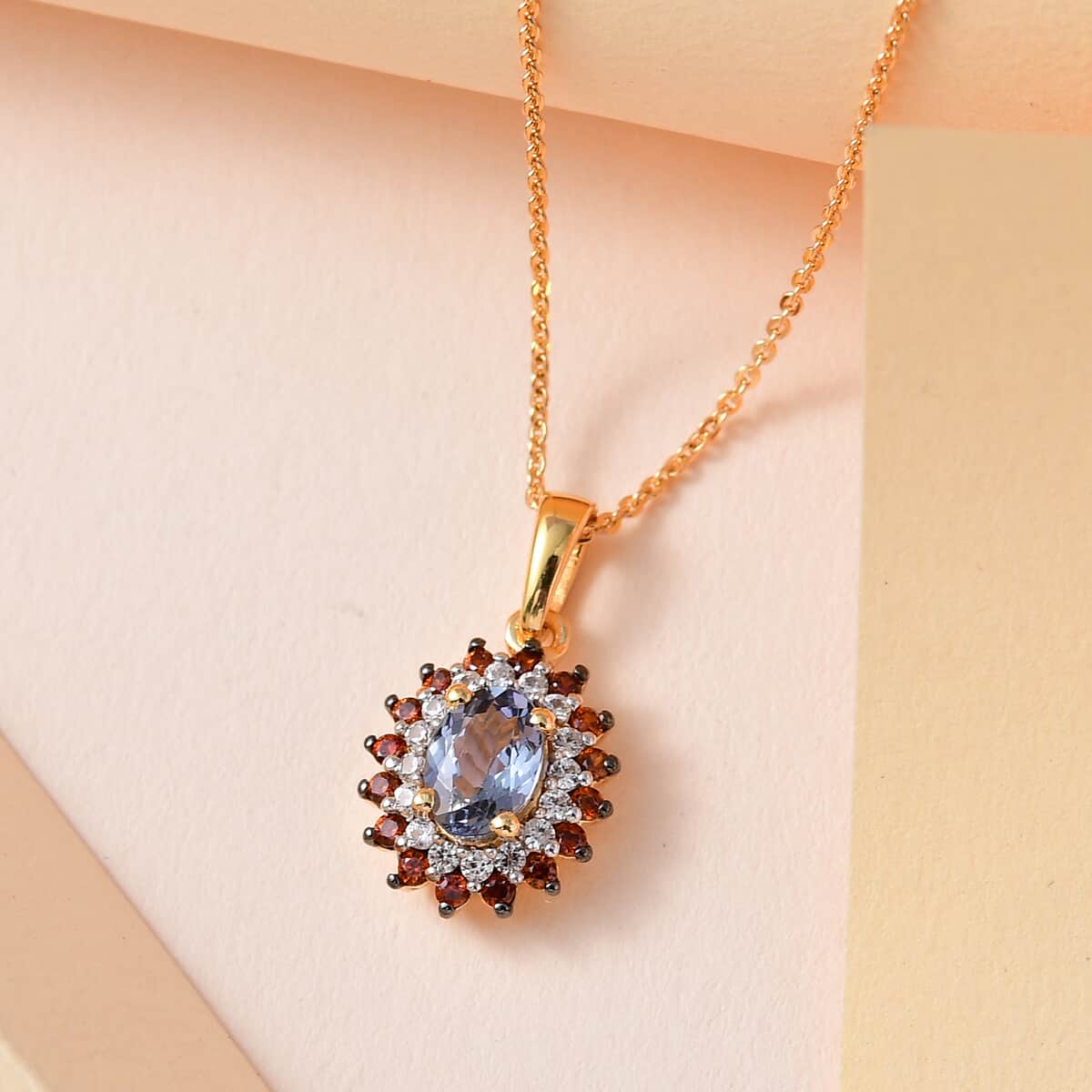Green Tanzanite, Brown and White Zircon Sunburst Pendant Necklace 20 Inches in Vermeil Yellow Gold Over Sterling Silver 1.30 ctw image number 1