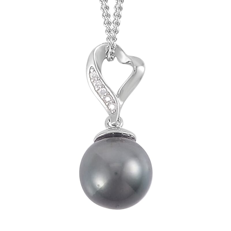 Tahitian Cultured Pearl 9-10mm and Moissanite Pendant Necklace 18 Inches in Rhodium Over Sterling Silver