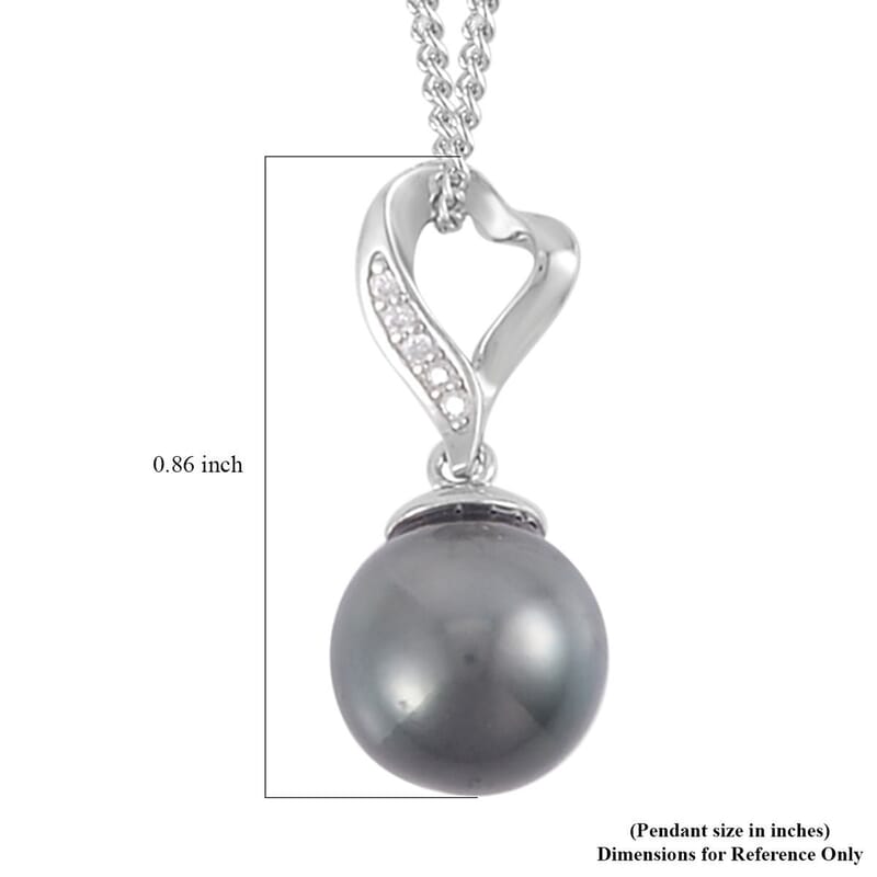 Tahitian Cultured Pearl 9-10mm and Moissanite Pendant Necklace 18 Inches in Rhodium Over Sterling Silver
