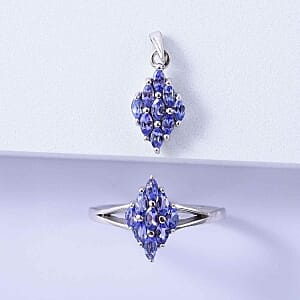 Tanzanite 2.88 ctw Ring (Size 10.0) and Pendant Necklace (18 Inches) in Platinum Over Sterling Silver