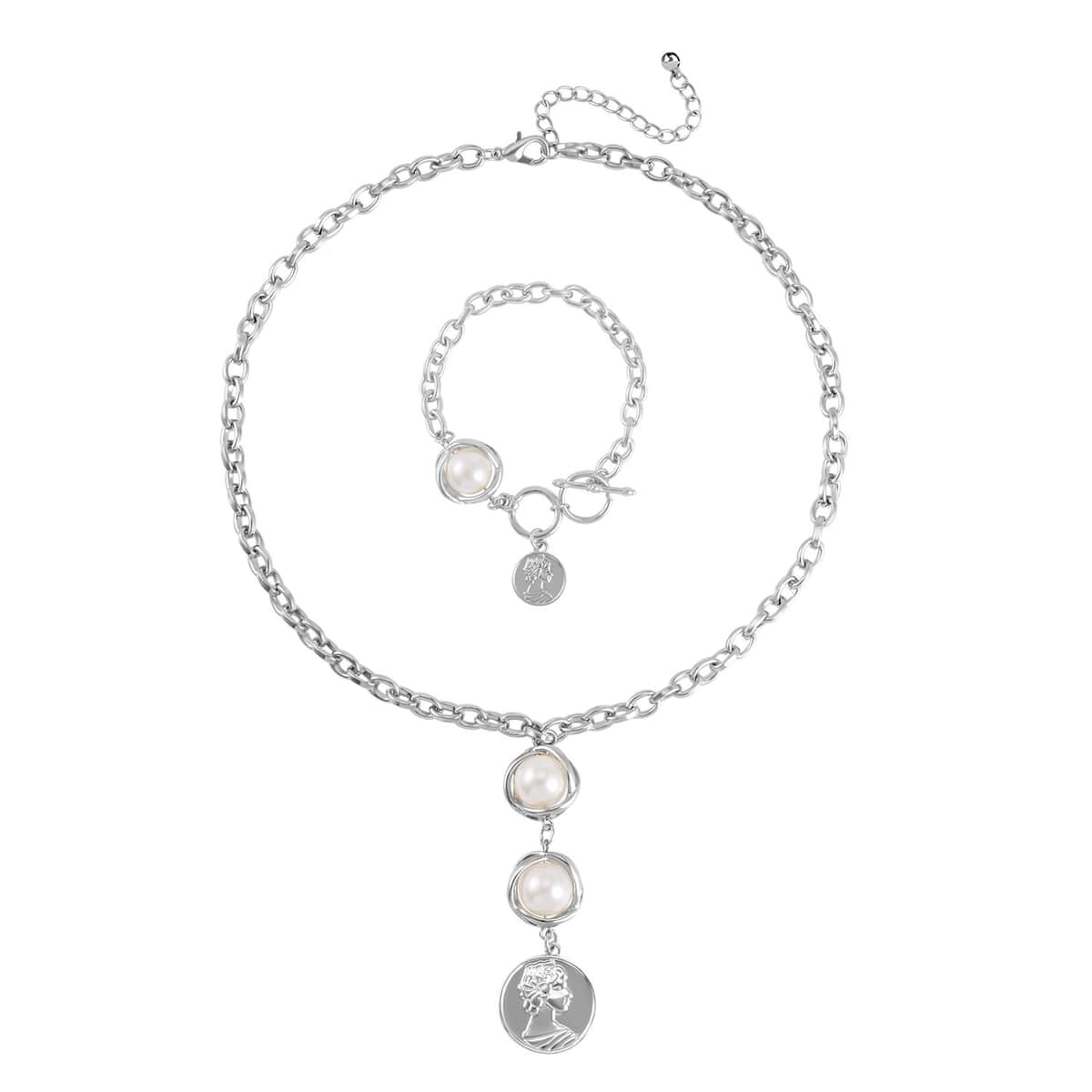 Simulated Pearl Necklace 20-22 Inches and Bracelet 7-8In in Silvertone image number 0