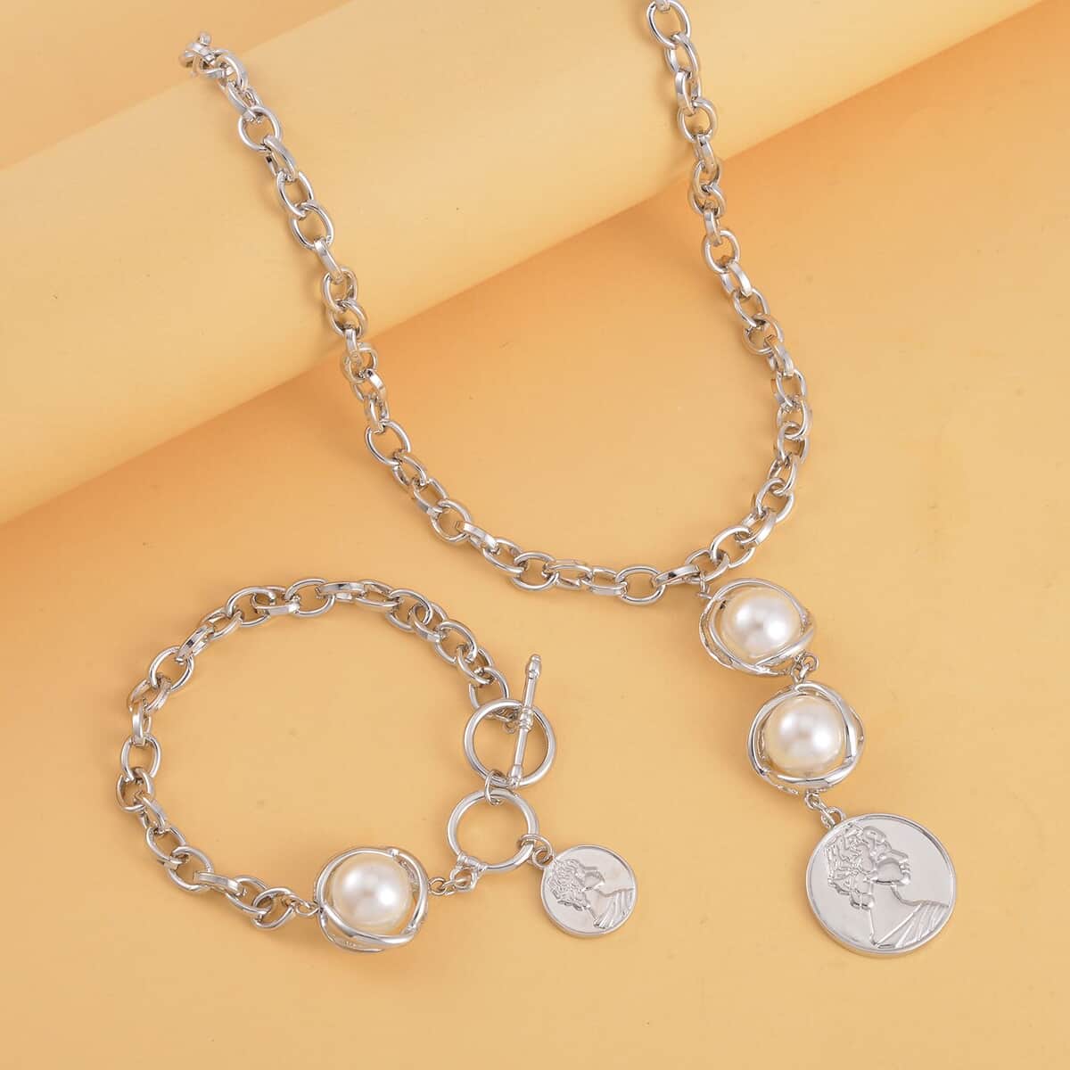 Simulated Pearl Necklace 20-22 Inches and Bracelet 7-8In in Silvertone image number 1