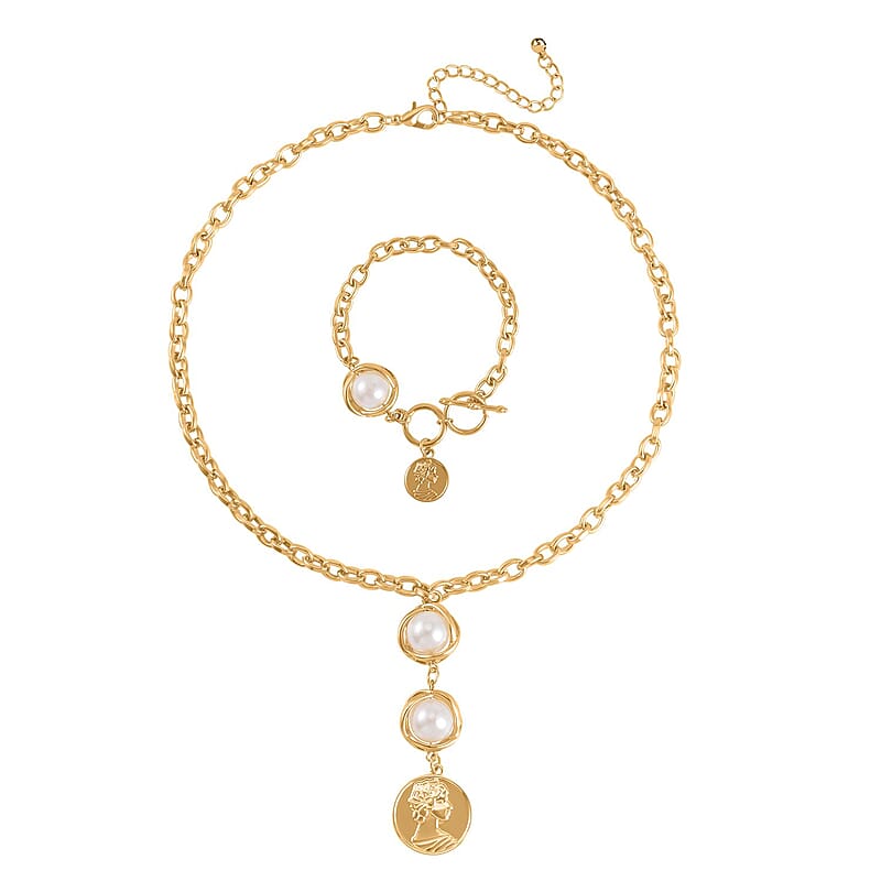 Simulated Pearl Necklace 20-22 Inches and Bracelet 7-8In in Goldtone
