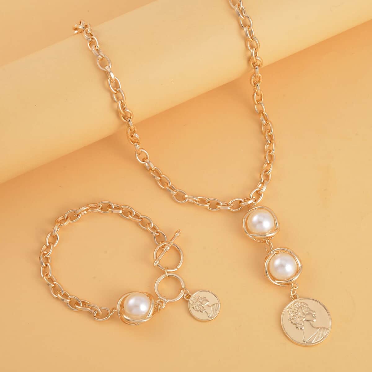 Simulated Pearl Necklace 20-22 Inches and Bracelet 7-8In in Goldtone image number 1