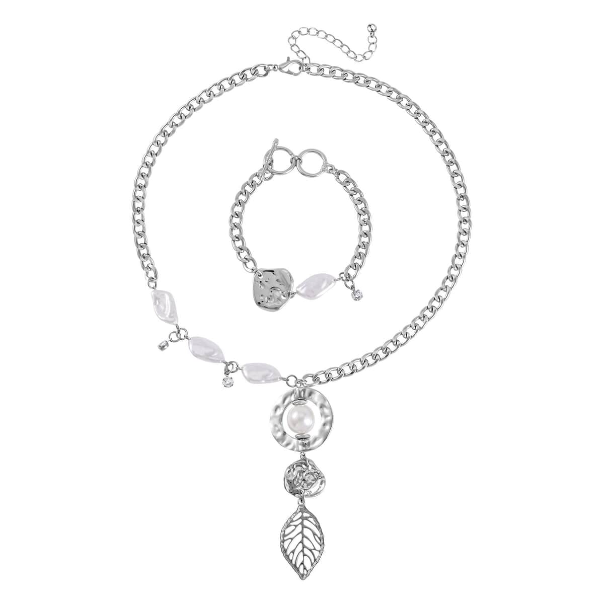 Simulated Pearl, Austrian Crystal Necklace 20-22 Inches and Bracelet 7.5-9.5In in Silvertone image number 0