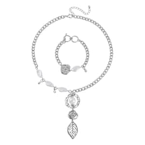 Simulated Pearl, Austrian Crystal Necklace 20-22 Inches and Bracelet 7.5-9.5In in Silvertone