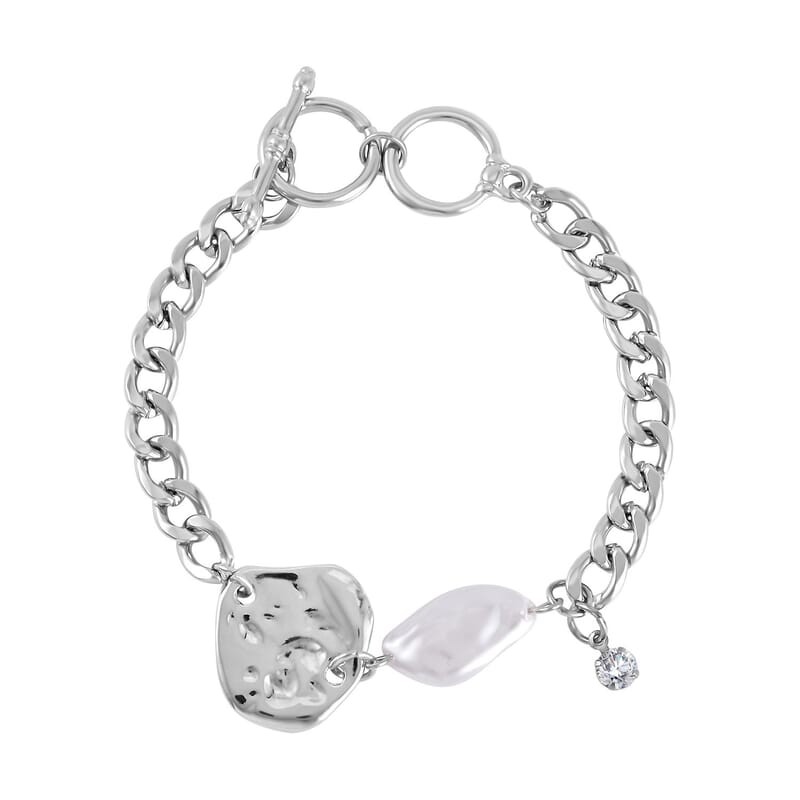 Simulated Pearl, Austrian Crystal Necklace 20-22 Inches and Bracelet 7.5-9.5In in Silvertone
