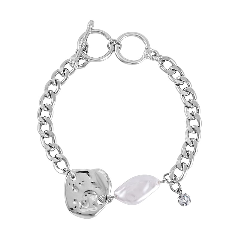Simulated Pearl, Austrian Crystal Necklace 20-22 Inches and Bracelet 7.5-9.5In in Silvertone