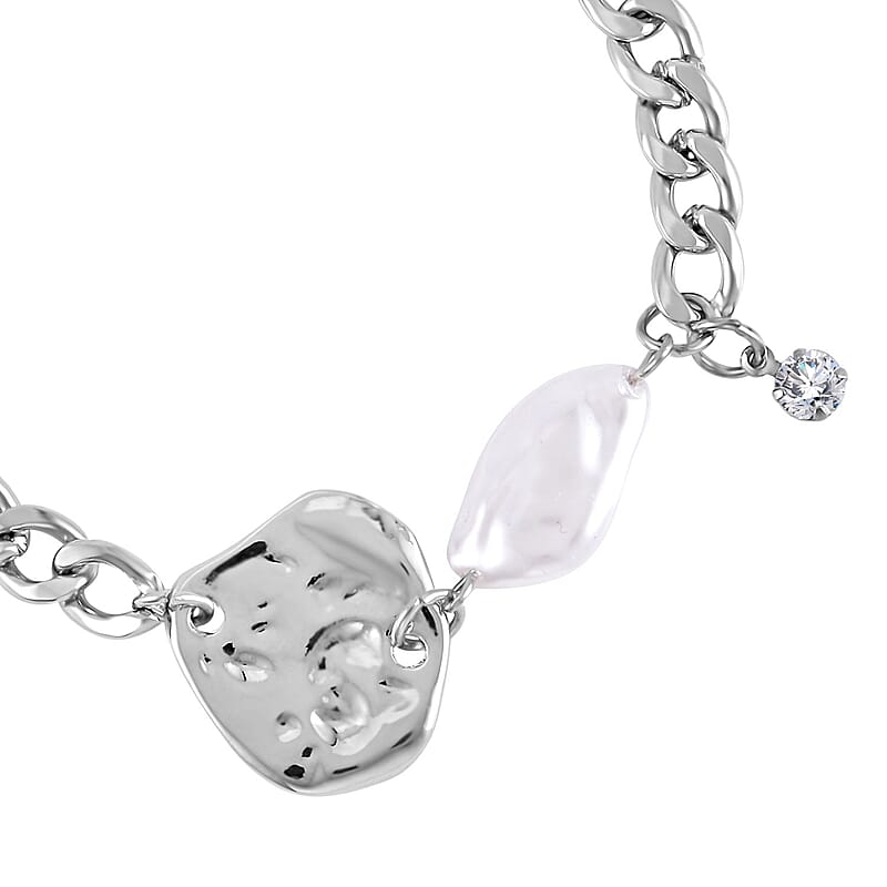 Simulated Pearl, Austrian Crystal Necklace 20-22 Inches and Bracelet 7.5-9.5In in Silvertone