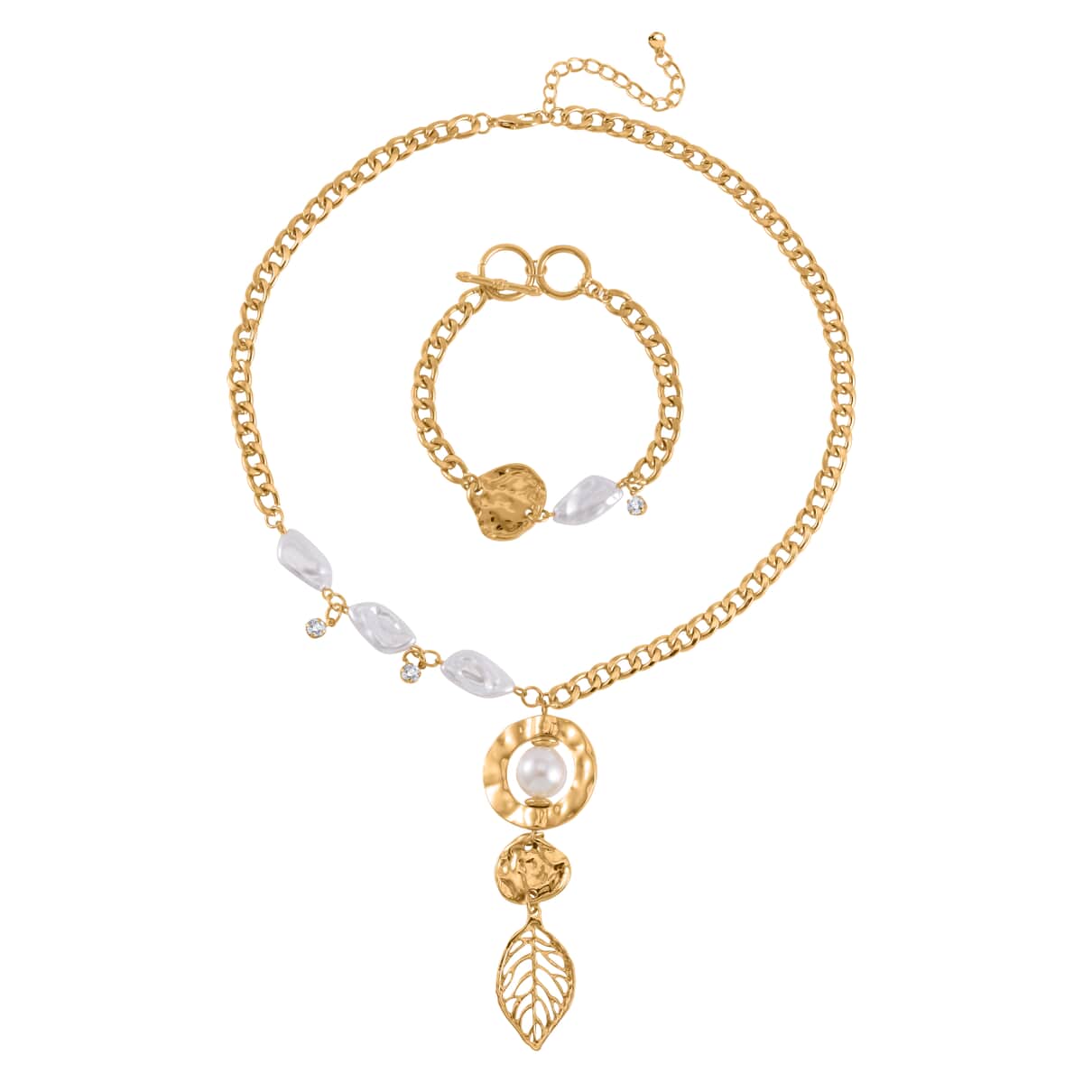 Simulated Pearl and Austrian Crystal Leaf and Nugget Necklace 20-22 Inches and Bracelet (7.50-9.50In) in Goldtone image number 0